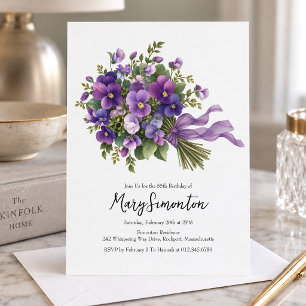 55th Birthday Party Purple Floral Bouquet Invitation