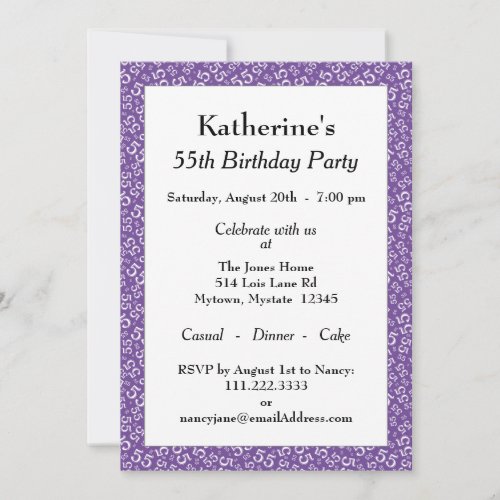 55th Birthday Party PurpleWhite Number Pattern Invitation