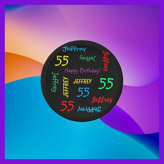 55th Birthday Party, Repeating Names, Black FUN Paper Plates (Creator Uploaded)