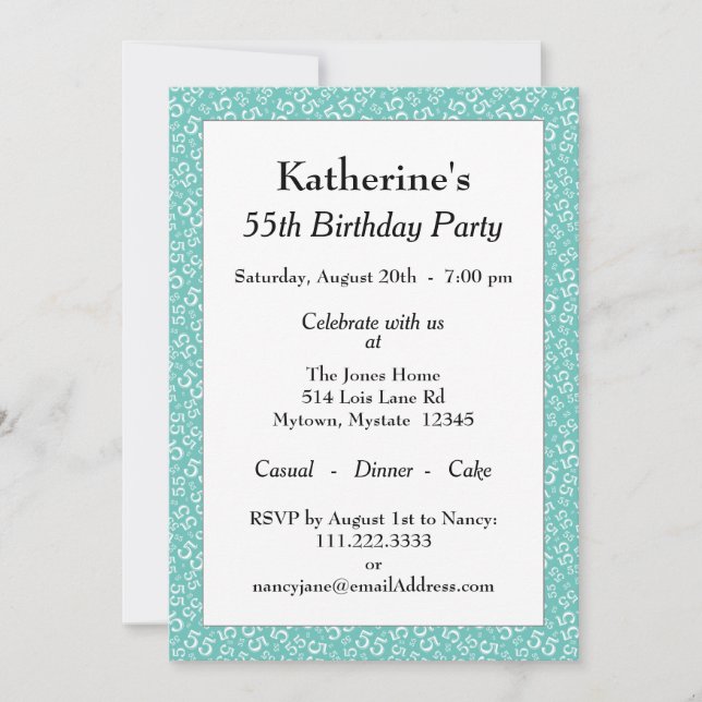 55th Birthday Party, Teal/White Number Pattern Invitation (Front)