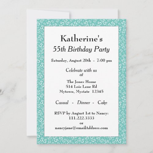 55th Birthday Party TealWhite Number Pattern Invitation