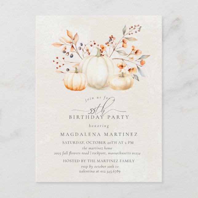 55th Birthday Party White Pumpkin Fall Leaves Invitation Postcard (Front)