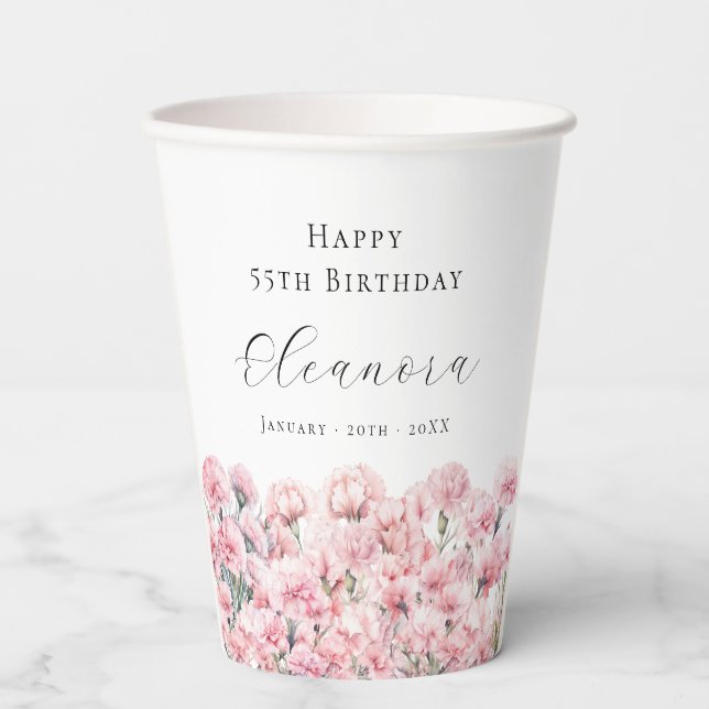 55th Birthday Pink Carnation January Birth Flower Paper Cups (Front)
