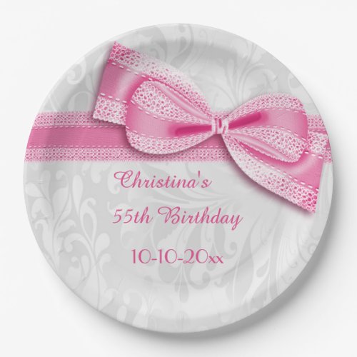 55th Birthday Pink Damask and Faux Bow Paper Plates