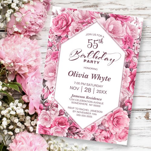 55th Birthday Pink Rose Floral Party Invitation