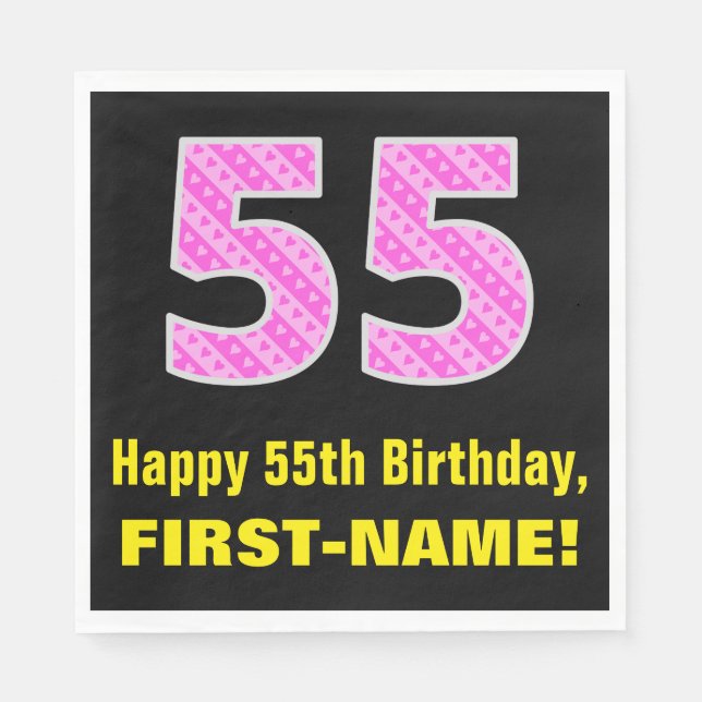 55th Birthday: Pink Stripes and Hearts "55" + Name Napkins (Front)