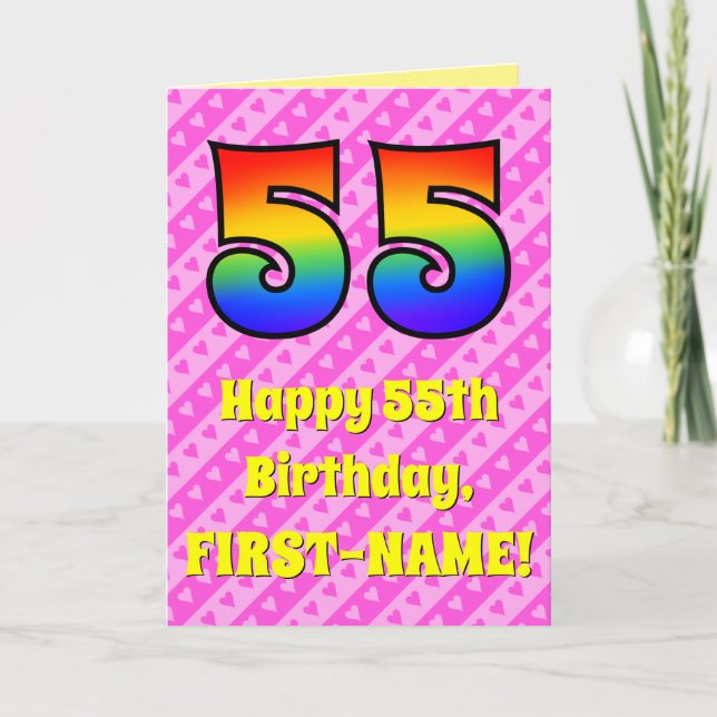 55th Birthday: Pink Stripes & Hearts, Rainbow # 55 Card (Front)