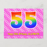 [ Thumbnail: 55th Birthday: Pink Stripes & Hearts, Rainbow 55 Postcard ]