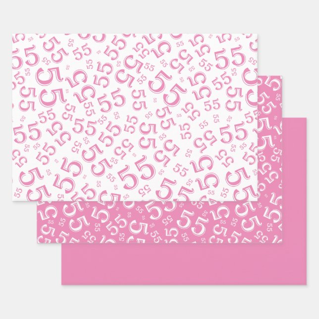 55th Birthday Pink/White Random Number Pattern 55 Wrapping Paper Sheets (Set)