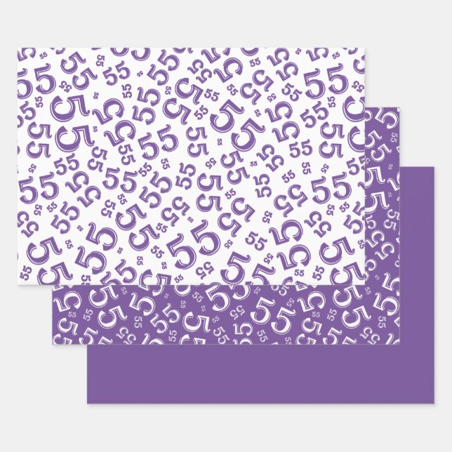 55th Birthday Purple/White Random Number Pattern  Wrapping Paper Sheets (Set)