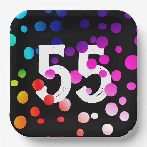 55th Birthday Rainbow Dots on Black Paper Plates