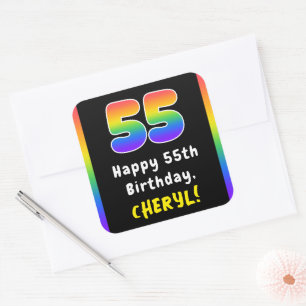 55th Birthday: Rainbow Spectrum # 55, Custom Name Square Sticker
