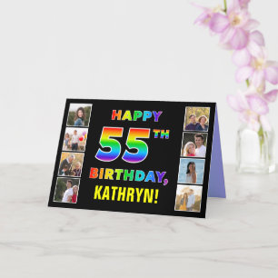 55th Birthday: Rainbow Text, Custom Photos & Name Card