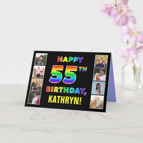 55th Birthday Rainbow Text Custom Photos  Name Card