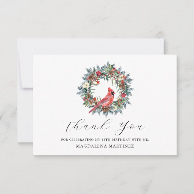 55th Birthday Red Cardinal Wreath Custom Flat Thank You Card (Front)