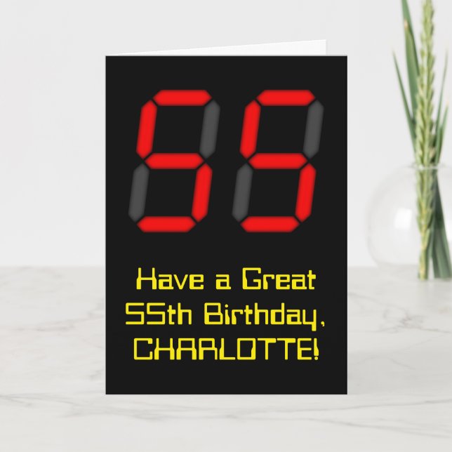 55th Birthday: Red Digital Clock Style "55" + Name Card (Front)