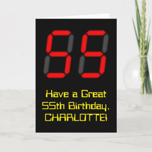 55th Birthday: Red Digital Clock Style "55" + Name Card