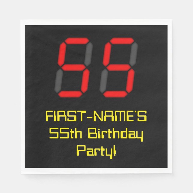 55th Birthday: Red Digital Clock Style "55" + Name Napkins (Front)