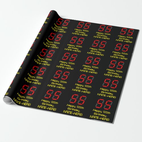 55th Birthday Red Digital Clock Style 55  Name Wrapping Paper