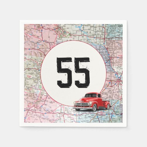 55th Birthday Red Retro Truck on Road Map  Napkins