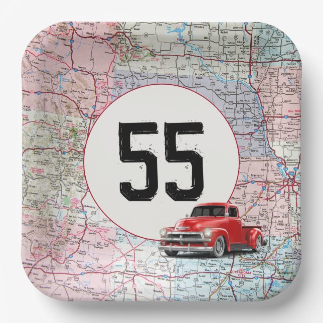 55th Birthday Red Retro Truck on Road Map Paper Plates (Front)