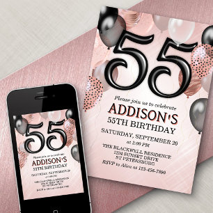 55th Birthday Rose Gold Balloons Invitation