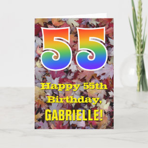 55th Birthday; Rustic Autumn Leaves; Rainbow "55" Card