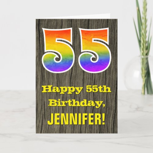 55th Birthday Rustic Faux Wood Look Rainbow 55 Card