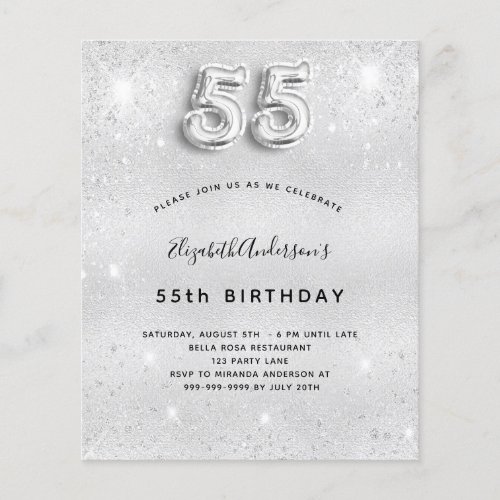 55th birthday silver glitter budget invitation