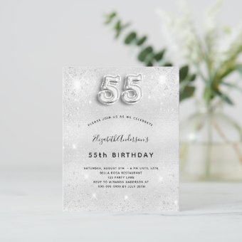 55th birthday silver glitter budget invitation | Zazzle