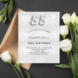 55th birthday silver glitter budget invitation flyer