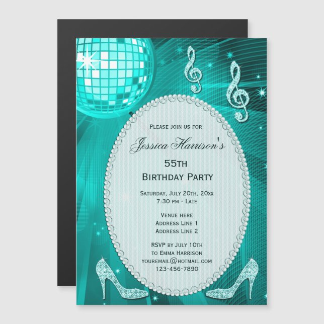 55th Birthday Sparkle Heels and Teal Disco Ball Magnetic Invitation (Front/Back)