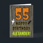 55th Birthday: Spooky Halloween Theme, Custom Name Card<br><div class="desc">The front of this scary and spooky Hallowe'en birthday themed greeting card design features a large number "55" and the message "HAPPY BIRTHDAY, ", plus a custom name. There are also depictions of a bat and a ghost on the front. The inside features a custom birthday greeting message, or could...</div>