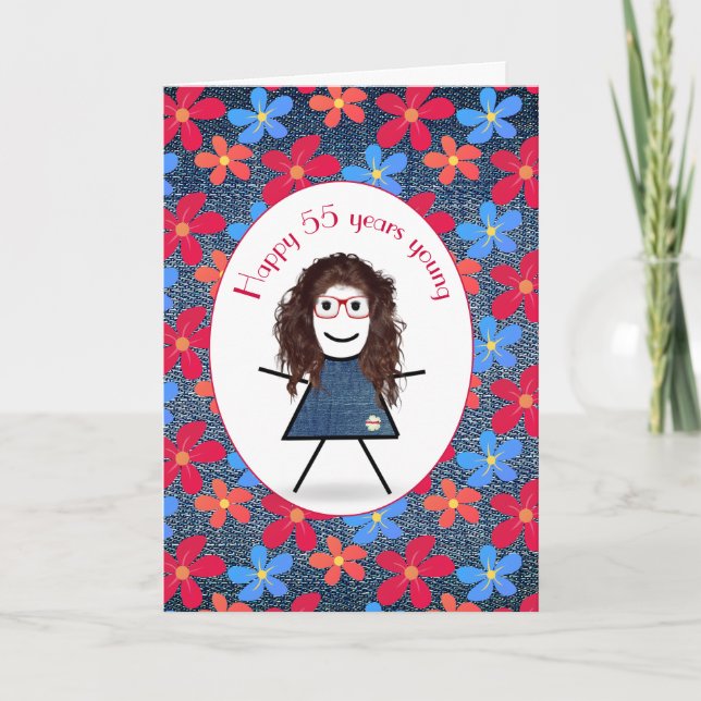 55th Birthday Stick Girl and Daisies On Denim  Card (Front)