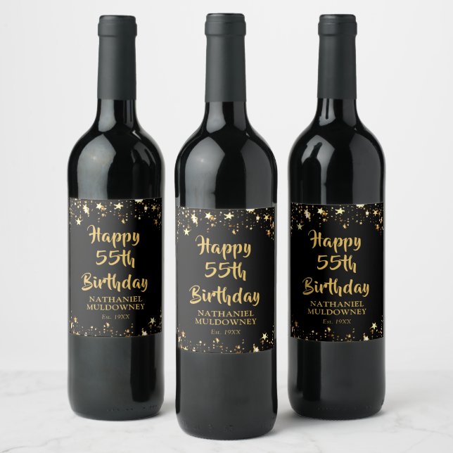 55th Birthday Stylish Black Gold Stars Name Wine Label (Bottles)