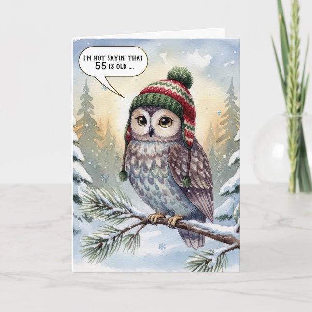 55th Birthday Watercolor Owl In Winter Hat Card (Front)