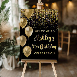 55th Birthday Welcome Sign, Any Age, Black and Gol Foam Board