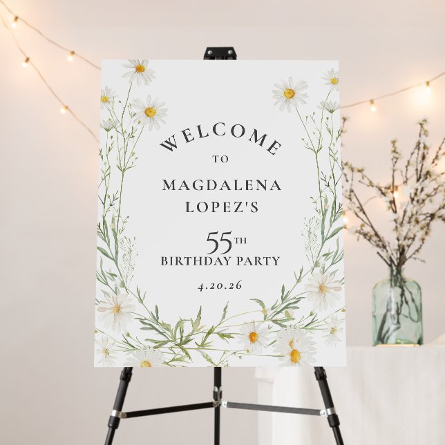 55th Birthday White Daisy Custom Welcome Sign (In Situ (Stand))