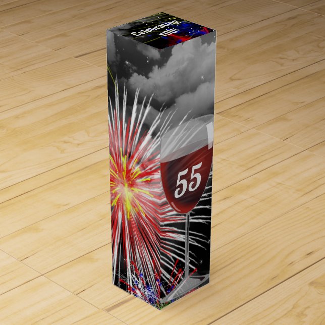 55th Birthday Wine Glass On Fireworks Wine Box (Front)