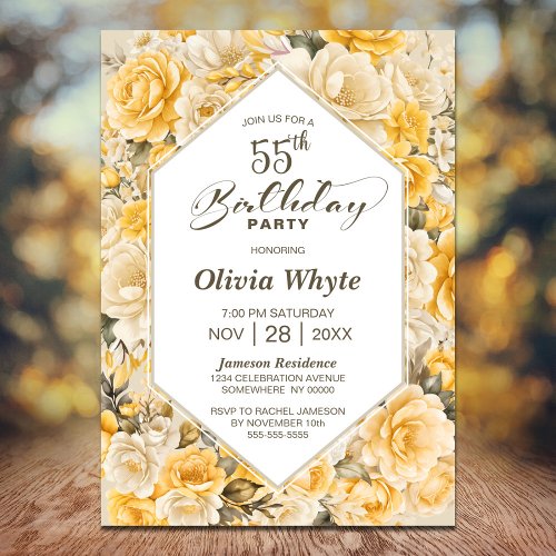 55th Birthday Yellow Rose Floral Party Invitation
