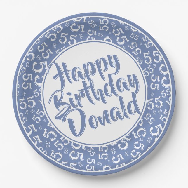 55th Blue/White Random Number Pattern Paper Plates (Front)