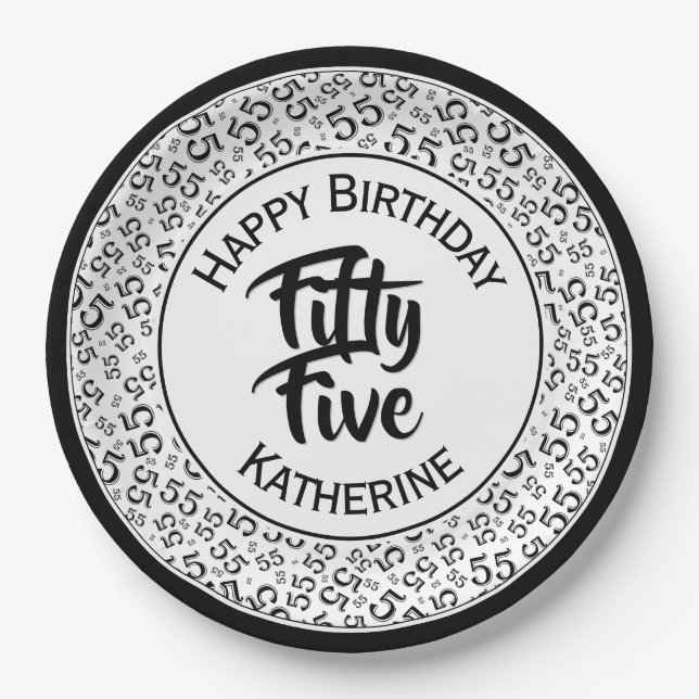 55th  Cool Random Number Pattern Black/White Paper Plates (Front)