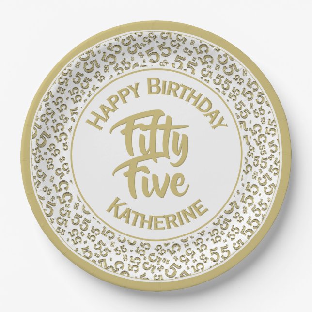 55th  Cool Random Number Pattern Gold/White Paper Plates (Front)