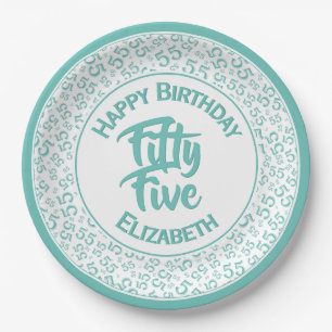 55th  Cool Random Number Pattern Teal/White Paper Plates
