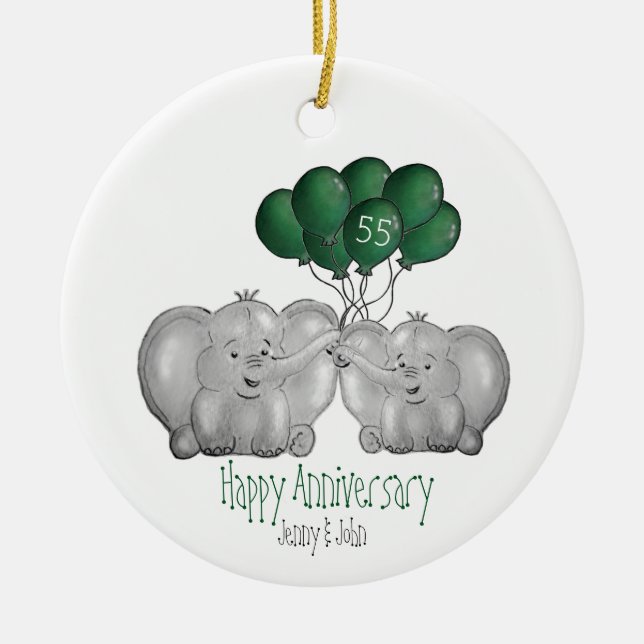 55th Emeral Wedding Anniversary cute elephant Ceramic Ornament (Front)