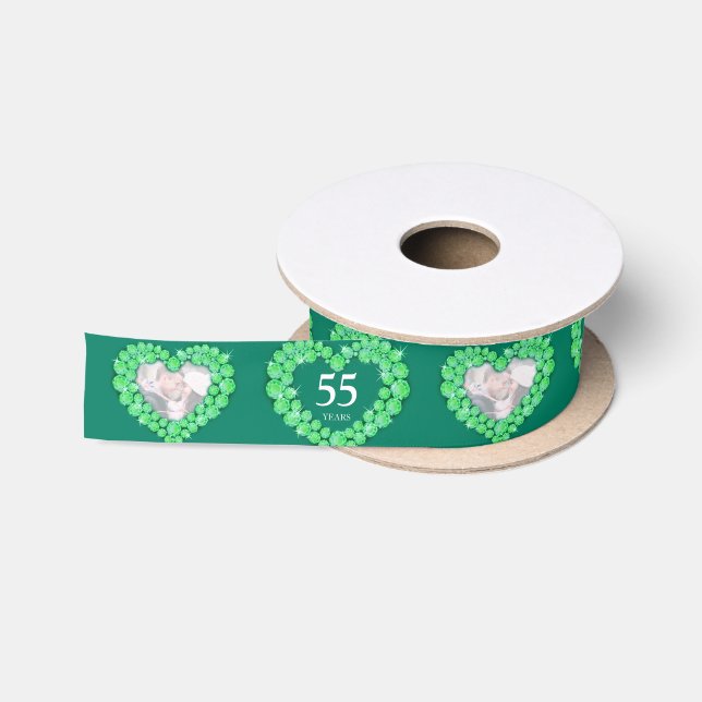 55th emerald green wedding anniversary photo heart satin ribbon (Spool)