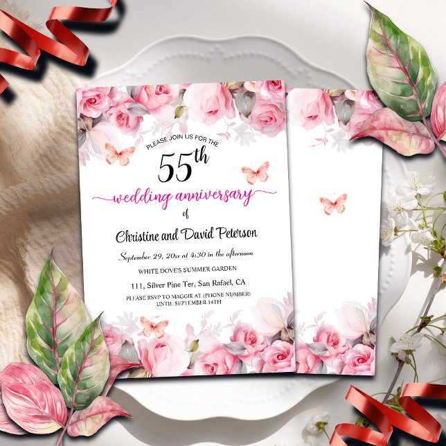 55th Emerald Wedding Anniversary Blush Roses Invitation (Creator Uploaded)