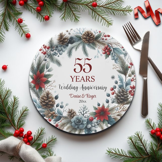 55th Emerald Wedding Anniversary Elegant Winter Paper Plates (Creator Uploaded)