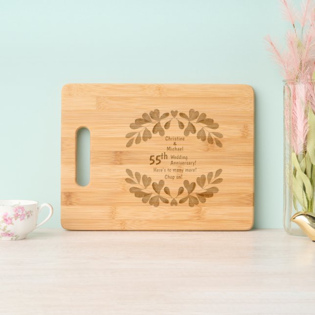 55th Emerald Wedding Anniversary Eucalyptus Engraved Cutting Board (Upright)