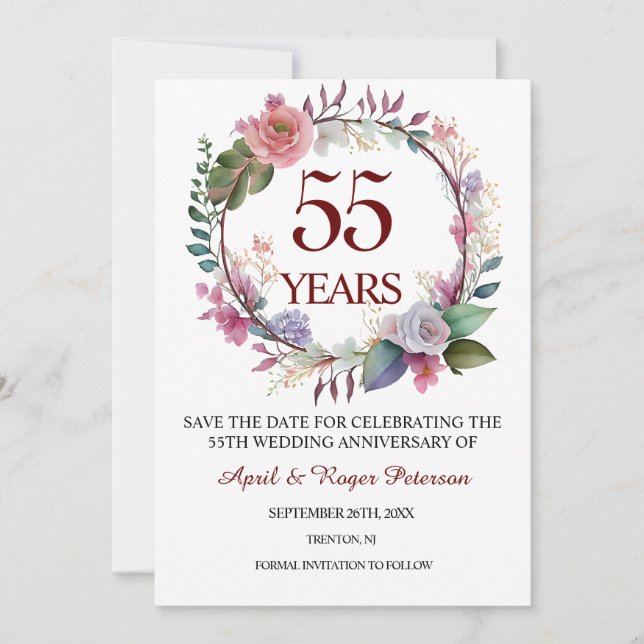 55th Emerald Wedding Anniversary Floral Save The Date (Front)